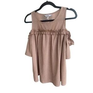 Lauren Conrad Cold Shoulder‎ Ruffle Top Checkered Blouse Casual Beige & Pink  M